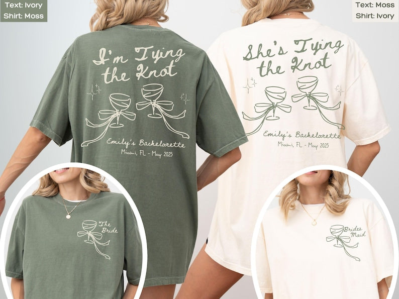 Custom Pink Bow Bachelorette Shirt She's Tying the Knot Tshirt Personalized Bow Bach Club Hens Night Matching Outfit MOH Gift For Bridesmaid