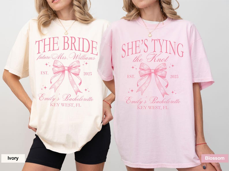 Coquette Bow Bachelorette Party Shirts, Custom Bachelorette Shirts, Shes Tying the Knot Bachelorette, Bridal Party Shirts, Bridesmaid Shirts