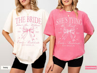 Coquette Bow Bachelorette Party Shirts, Custom Bachelorette Shirts, Shes Tying the Knot Bachelorette, Bridal Party Shirts, Bridesmaid Shirts