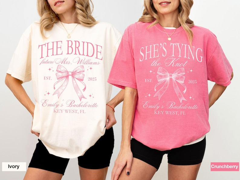 Coquette Bow Bachelorette Party Shirts, Custom Bachelorette Shirts, Shes Tying the Knot Bachelorette, Bridal Party Shirts, Bridesmaid Shirts