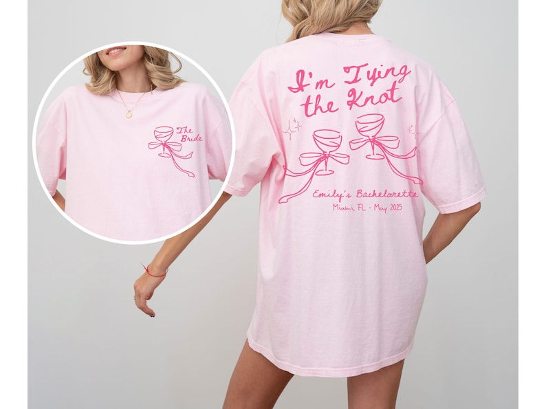 Custom Pink Bow Bachelorette Shirt She's Tying the Knot Tshirt Personalized Bow Bach Club Hens Night Matching Outfit MOH Gift For Bridesmaid