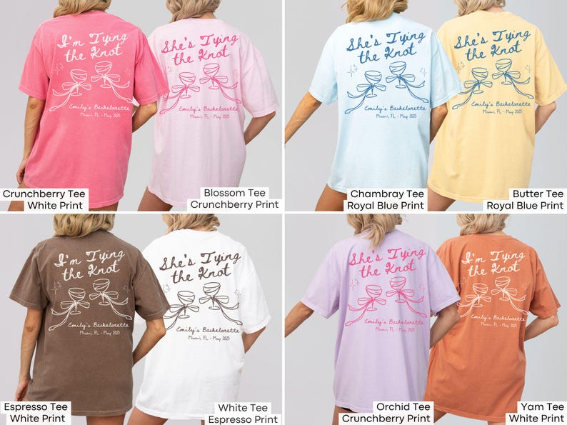 Custom Pink Bow Bachelorette Shirt She's Tying the Knot Tshirt Personalized Bow Bach Club Hens Night Matching Outfit MOH Gift For Bridesmaid