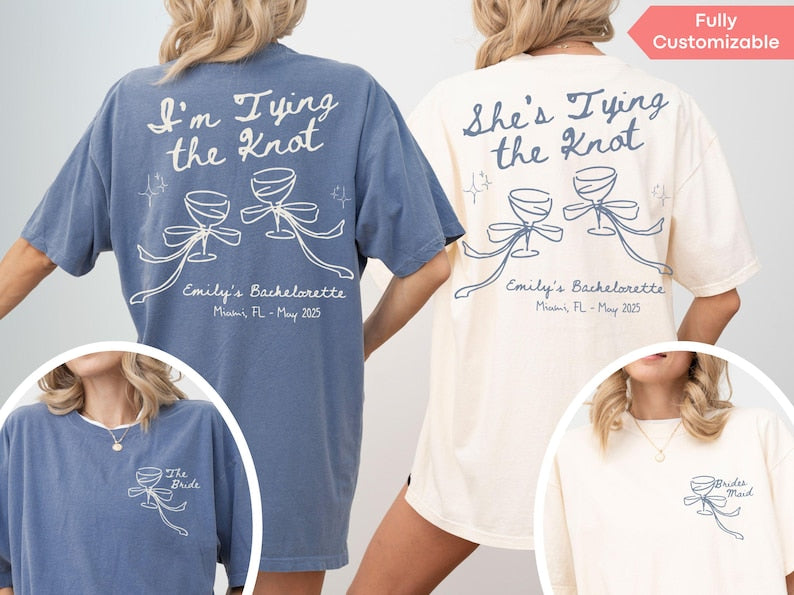 Custom Pink Bow Bachelorette Shirt She's Tying the Knot Tshirt Personalized Bow Bach Club Hens Night Matching Outfit MOH Gift For Bridesmaid
