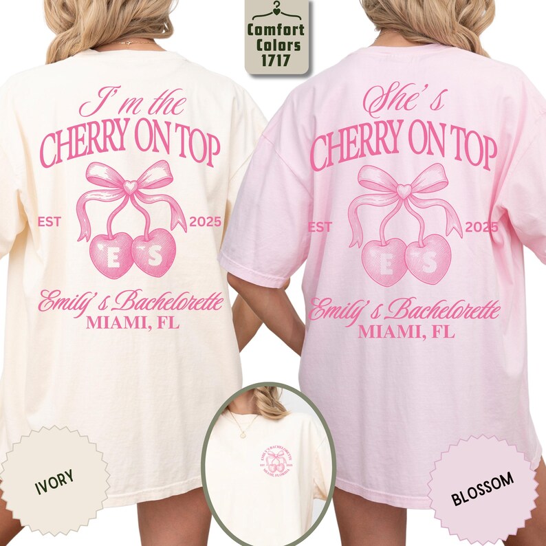 Personalized Bachelorette Shirt, She’s The Cherry On Top Bridal Party Tee, Coquette Cherry Bach Tee, Bridesmaid Tee, Custom Initial Bach Tee