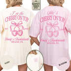Personalized Bachelorette Shirt, She’s The Cherry On Top Bridal Party Tee, Coquette Cherry Bach Tee, Bridesmaid Tee, Custom Initial Bach Tee