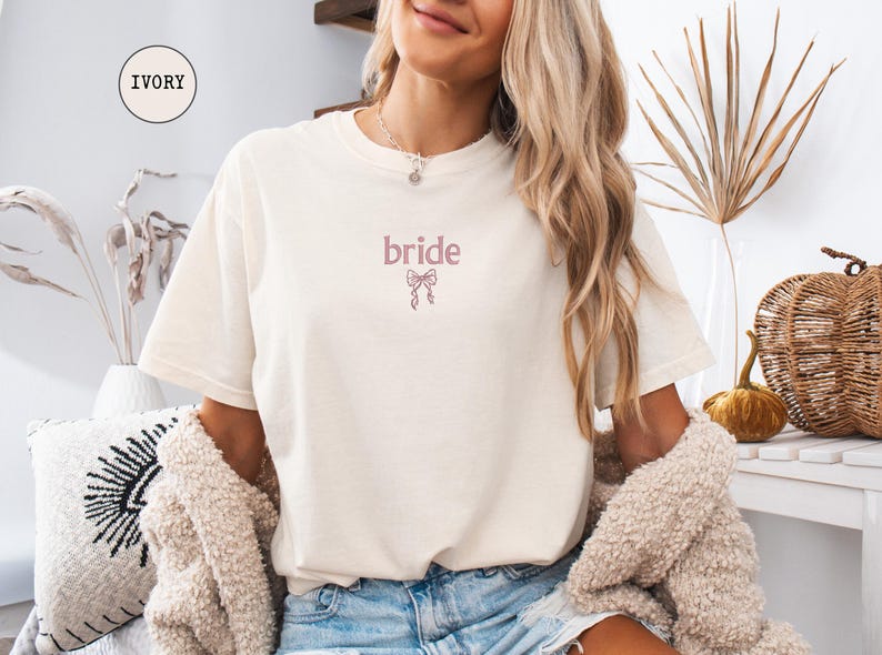 Embroidered Bride Bridesmaid Shirt, Comfort Colors Custom Wedding Gift, Bachelorette Party Tee, Getting Ready Shirt, Bride Coquette Shirt