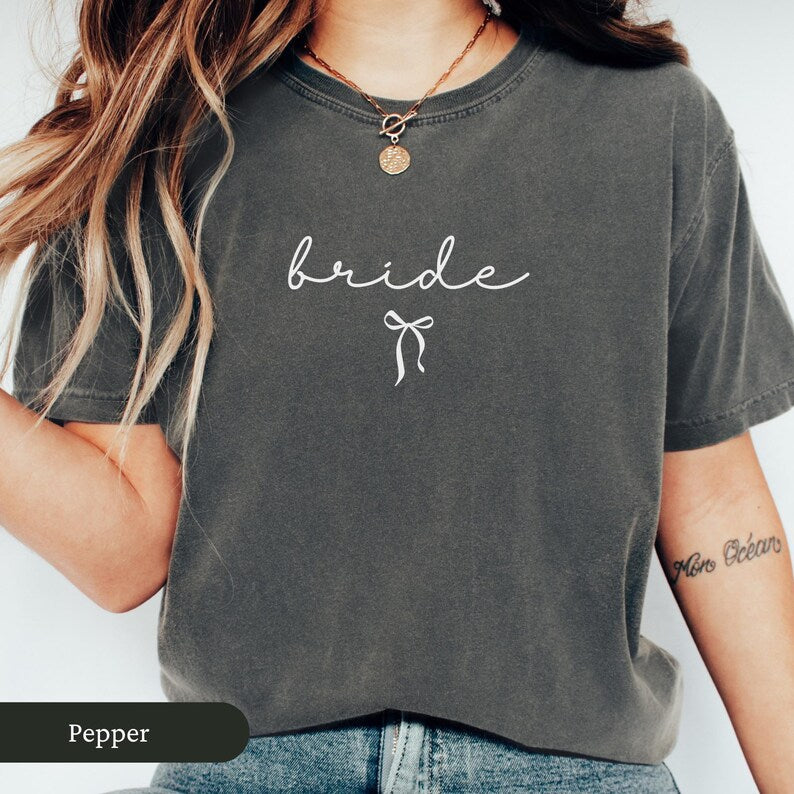 Minimalist Bride Comfort Colors Shirt, Bow Bride Shirt, Bridal Gift, Coquette Bride to Be Gift, Bride Engaged Gift, Engagement Tee Gift