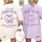 Personalized Bachelorette Shirt, She’s The Cherry On Top Bridal Party Tee, Coquette Cherry Bach Tee, Bridesmaid Tee, Custom Initial Bach Tee
