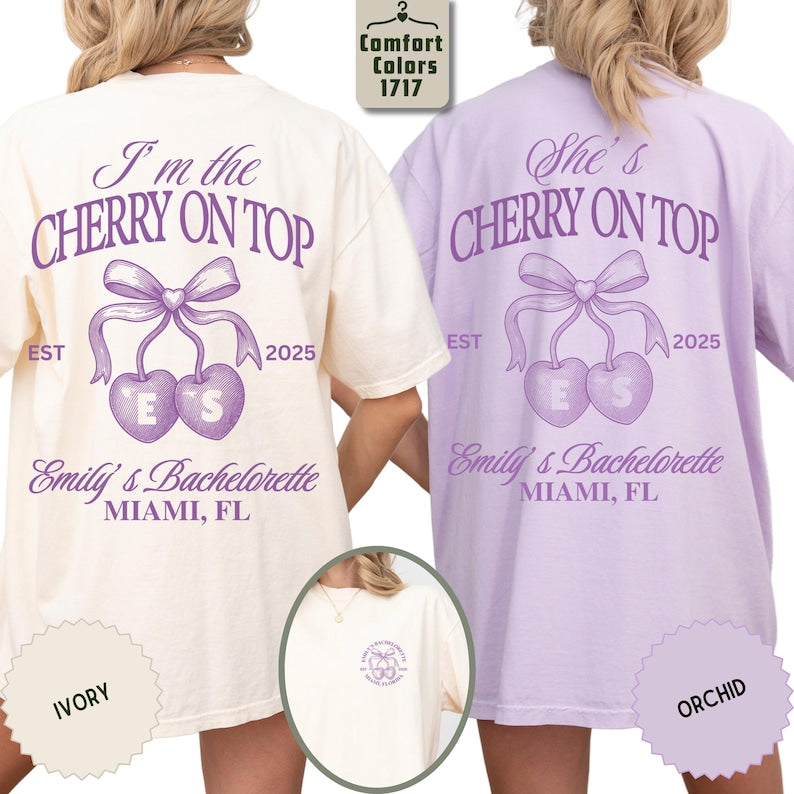 Personalized Bachelorette Shirt, She’s The Cherry On Top Bridal Party Tee, Coquette Cherry Bach Tee, Bridesmaid Tee, Custom Initial Bach Tee