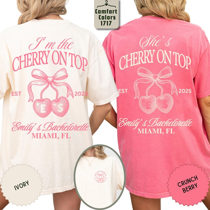 Personalized Bachelorette Shirt, She’s The Cherry On Top Bridal Party Tee, Coquette Cherry Bach Tee, Bridesmaid Tee, Custom Initial Bach Tee