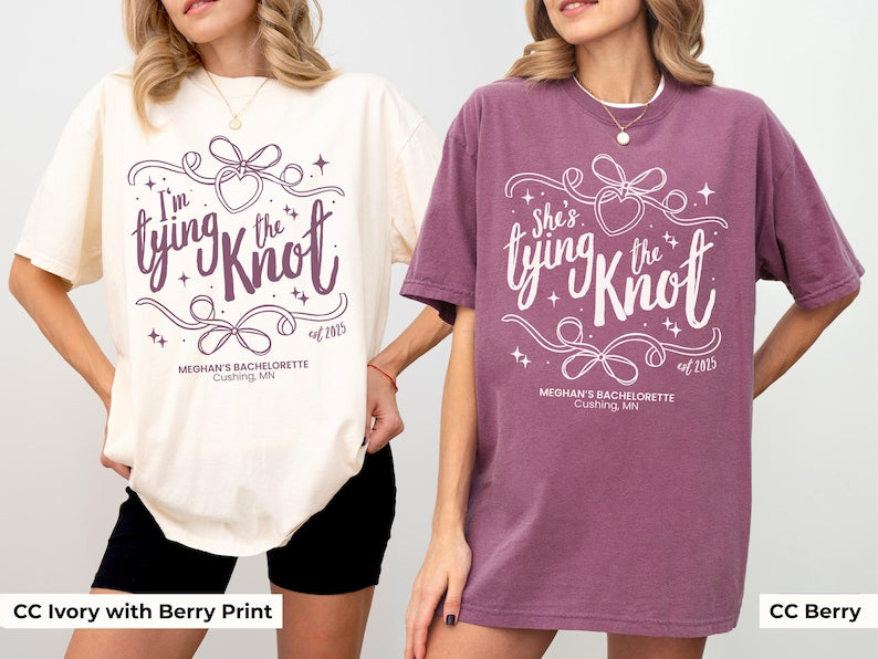Tying The Knot Bachelorette Shirt Personalized Coquette Bow Bridal Party Tshirt Bow Themed Bridal Shower Outfit for Girly Bachelorette Idea