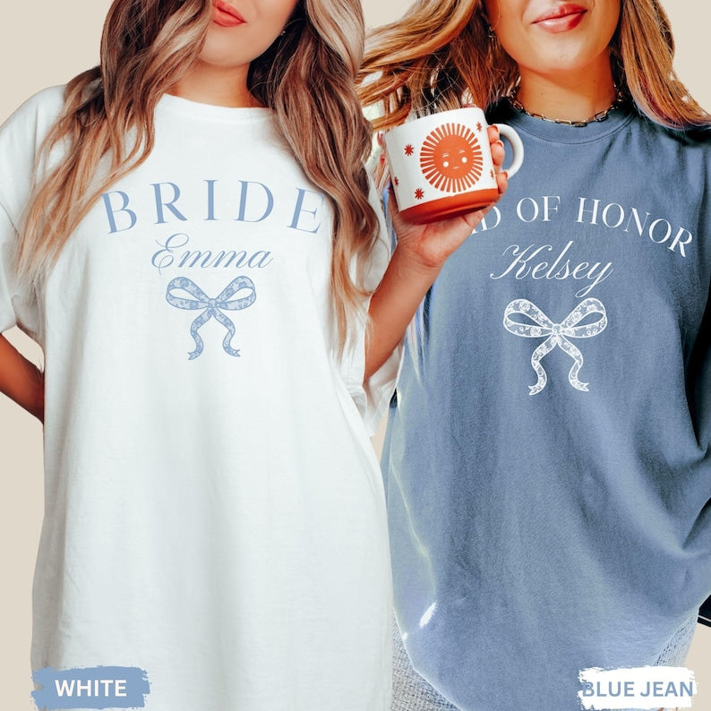 Custom Bridesmaid Comfort Colors® Shirt, Wedding Day Bridal Gift, Bachelorette Party, Matching Team Bride, Coquette Faux Lace Bow