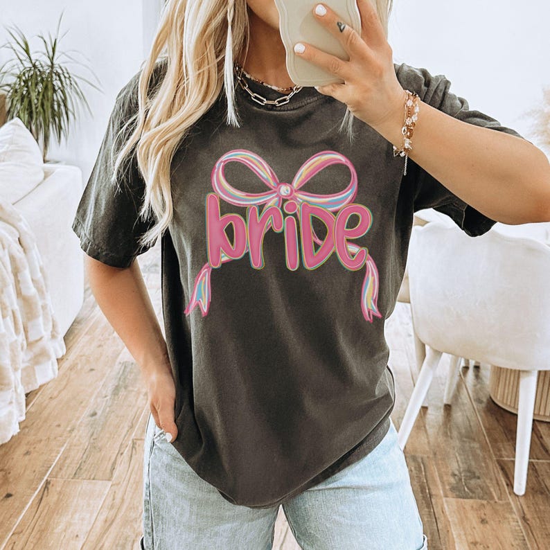 Bride Preppy Coquette Pink Bow Shirt, She's Tying the Knot, New Bride Tee, Bachelorette Party Shirt, Just Engaged Shirt