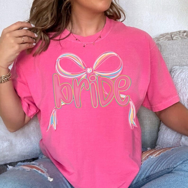 Bride Preppy Coquette Pink Bow Shirt, She's Tying the Knot, New Bride Tee, Bachelorette Party Shirt, Just Engaged Shirt