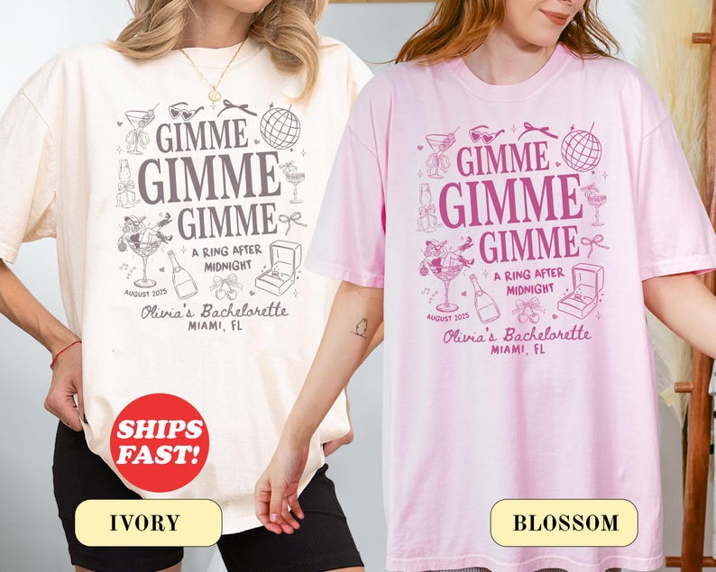 Custom Bachelorette Gimme Gimme Gimme Shirt, Disco Bachelorette Tee, Ring After Midnight Shirt, Retro Bride Party Shirt