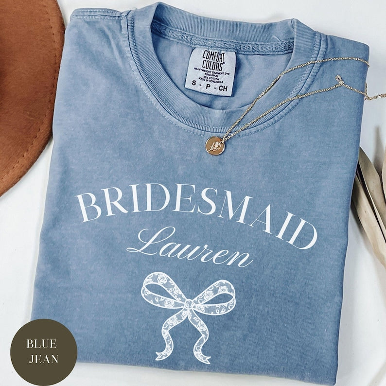 Custom Bridesmaid Comfort Colors® Shirt, Wedding Day Bridal Gift, Bachelorette Party, Matching Team Bride, Coquette Faux Lace Bow