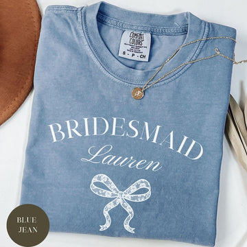 Custom Bridesmaid Comfort Colors® Shirt, Wedding Day Bridal Gift, Bachelorette Party, Matching Team Bride, Coquette Faux Lace Bow