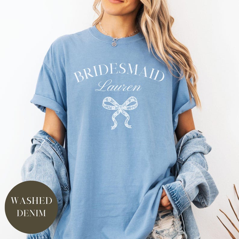Custom Bridesmaid Comfort Colors® Shirt, Wedding Day Bridal Gift, Bachelorette Party, Matching Team Bride, Coquette Faux Lace Bow