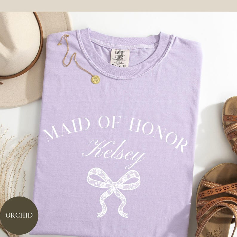 Custom Bridesmaid Comfort Colors® Shirt, Wedding Day Bridal Gift, Bachelorette Party, Matching Team Bride, Coquette Faux Lace Bow