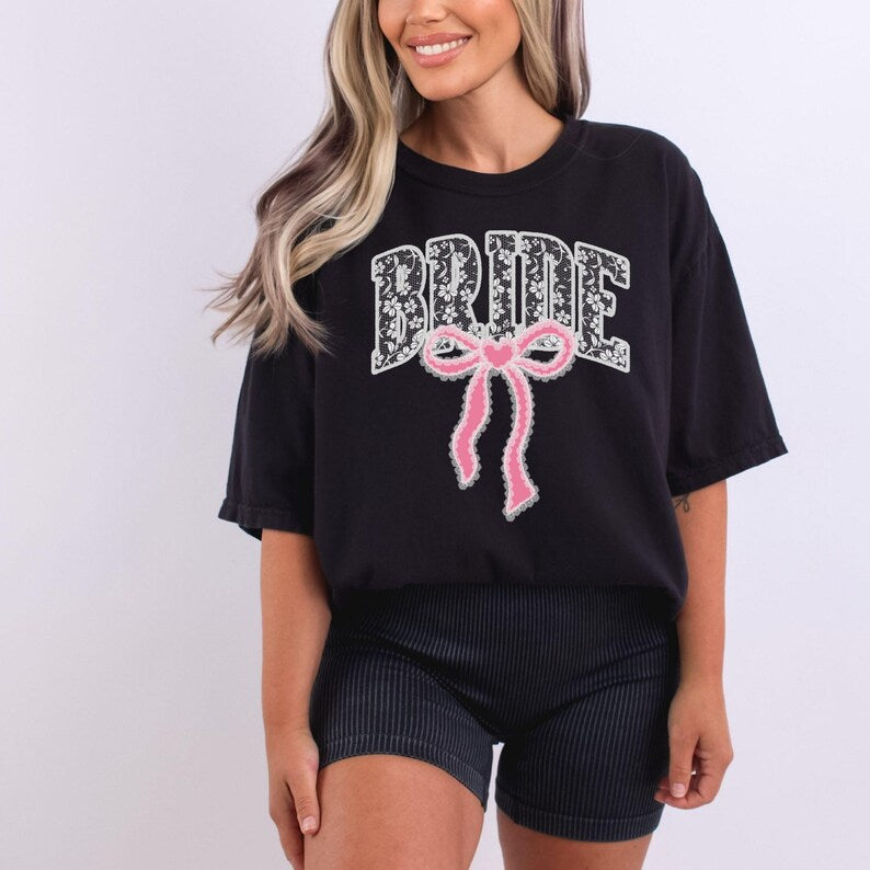 Bride Shirt with Bow, Lace Varsity Bride Tee, Coquette Bride Shirt, Comfort Colors Wedding Shirt, Engagement Gift Shirt, Pink Bow Bride Tee
