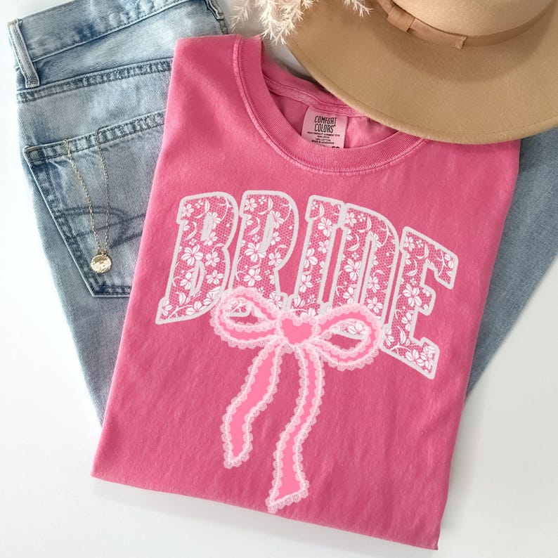 Bride Shirt with Bow, Lace Varsity Bride Tee, Coquette Bride Shirt, Comfort Colors Wedding Shirt, Engagement Gift Shirt, Pink Bow Bride Tee