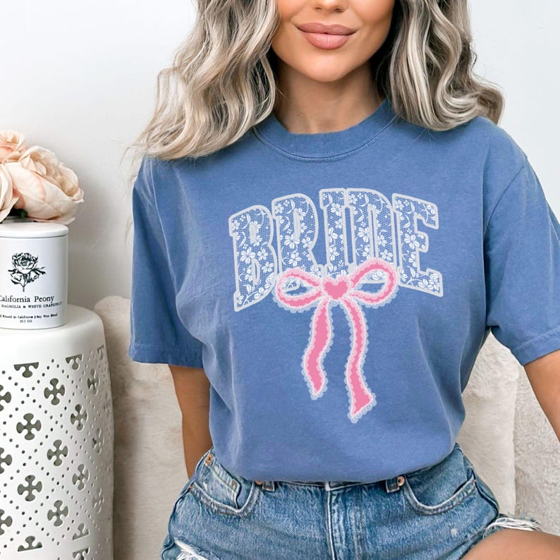 Bride Shirt with Bow, Lace Varsity Bride Tee, Coquette Bride Shirt, Comfort Colors Wedding Shirt, Engagement Gift Shirt, Pink Bow Bride Tee