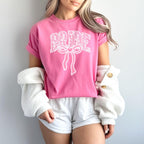 Bride Shirt with Bow, Lace Varsity Bride Tee, Coquette Bride Shirt, Comfort Colors Wedding Shirt, Engagement Gift Shirt, Pink Bow Bride Tee
