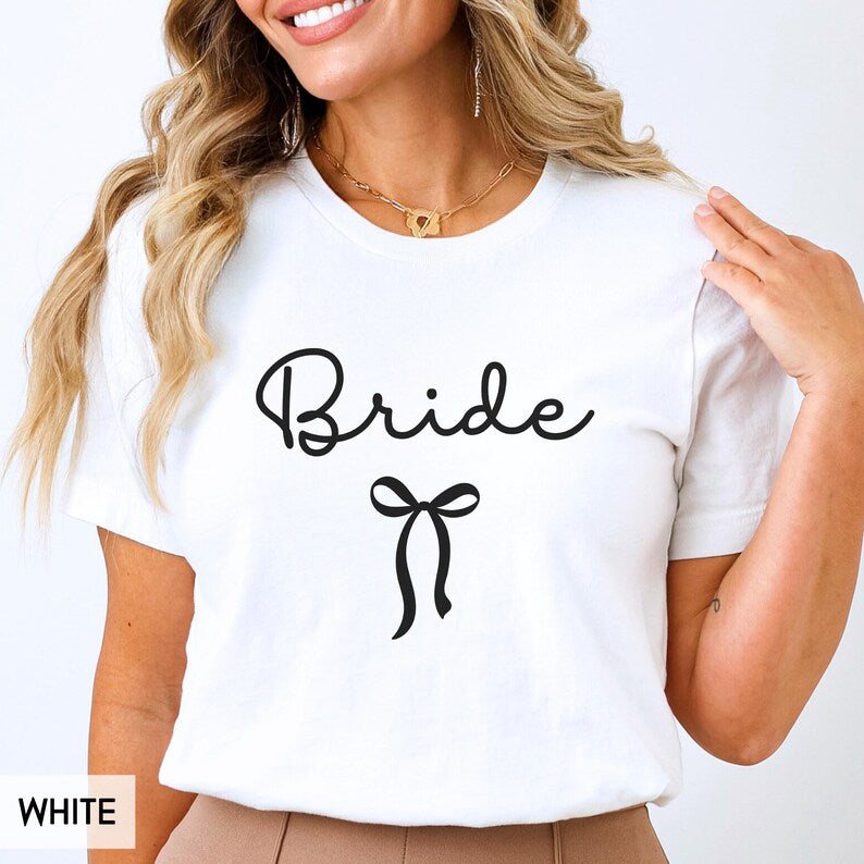 Coquette Bow Bride Shirt, Bride to Be T-Shirt, Wedding Day Tee, Cute Bachelorette Party Top, Girly Aesthetic Bridal Gift