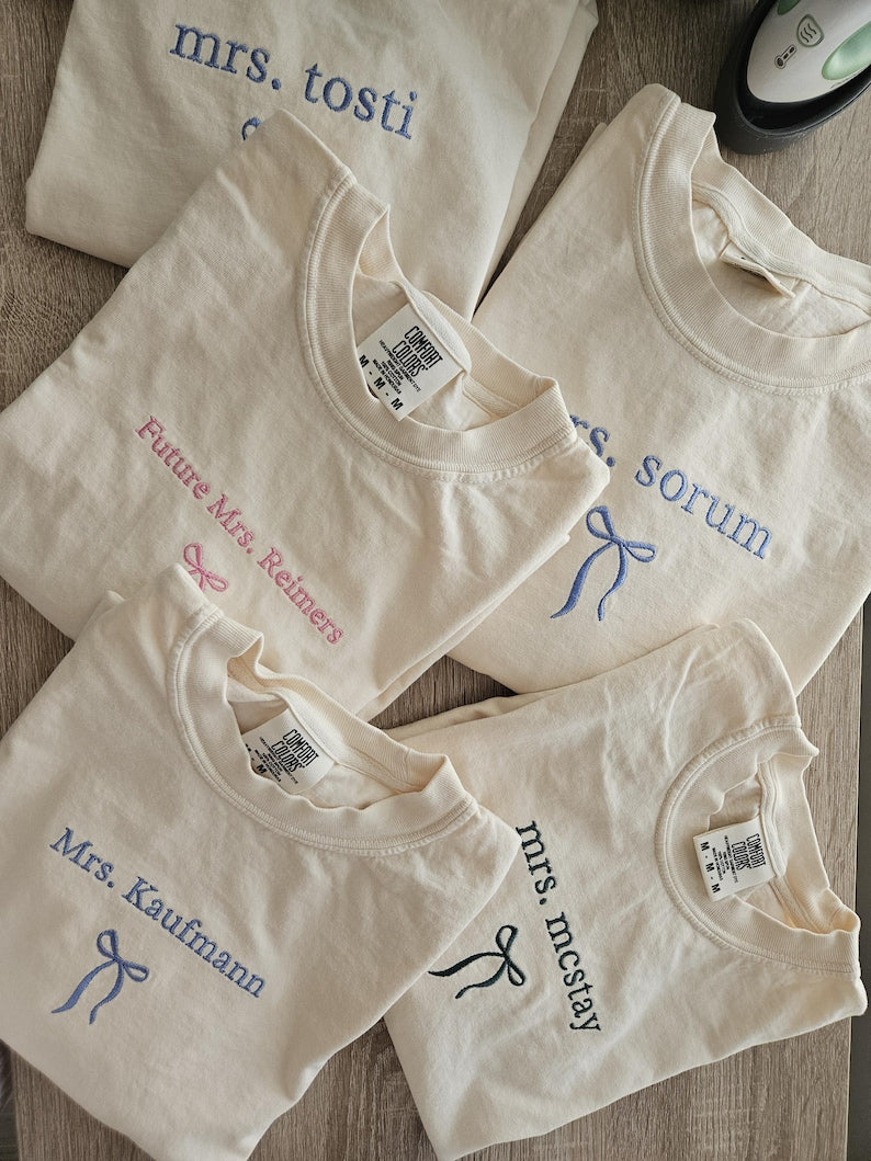 Embroidery Custom Mrs. Bride Shirt, Bride Gift, Wedding shirt, Engagement gift, Bachelorete party tee, Gift for her, Coquette bow bride tee.