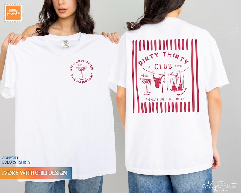 Custom Beach Bachelorette Comfort Colors Shirts, Dirty 30 Birthday Merch Party Bikinis And Martinis Bachelorette, Personalized Club Shirts