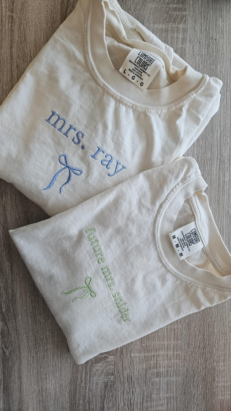 Embroidery Custom Mrs. Bride Shirt, Bride Gift, Wedding shirt, Engagement gift, Bachelorete party tee, Gift for her, Coquette bow bride tee.