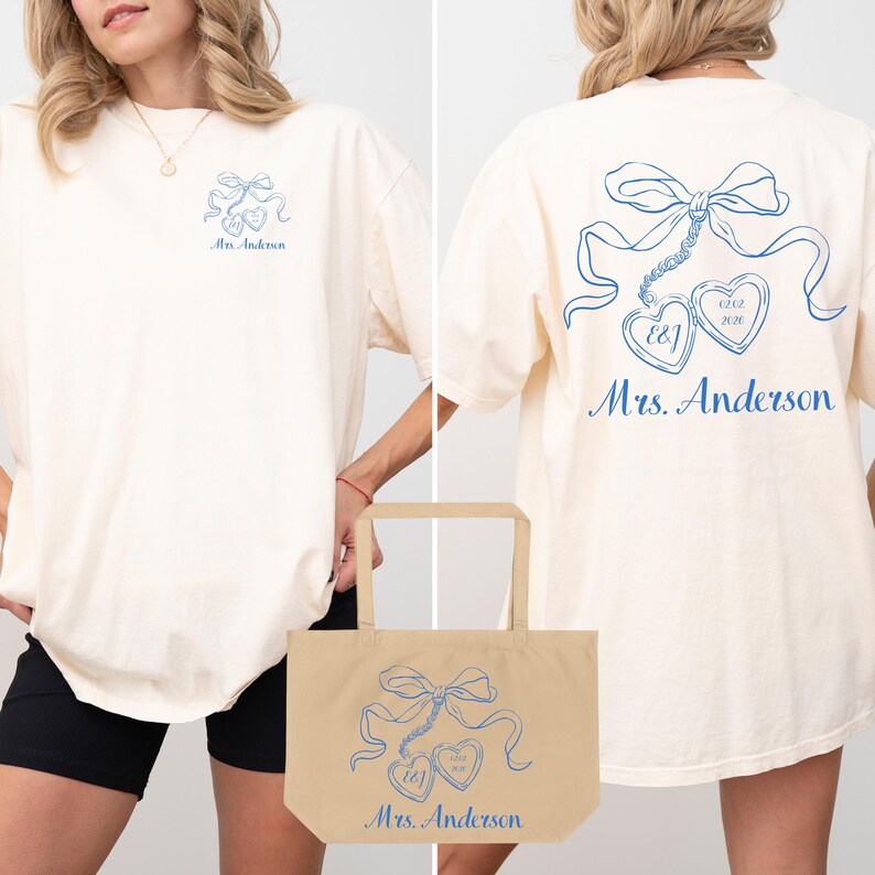 Bow Bachelorette Shirt, Coquette Bridal Party Tee, Heart Locket Bride T-Shirt, Future Mrs Shirt, Minimalist Bridesmaid Gift