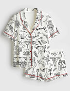 Cowgirl Whimsical Style Hand Drawn Western Bachelorette Party Satin Pajama Set, Bachelorette Cowboy Shirt PJS Gift for Fan, Nightwear Pajama