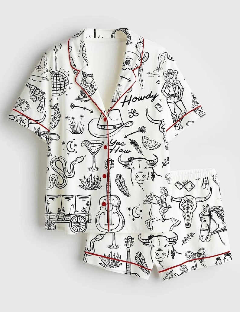 Cowgirl Whimsical Style Hand Drawn Western Bachelorette Party Satin Pajama Set, Bachelorette Cowboy Shirt PJS Gift for Fan, Nightwear Pajama
