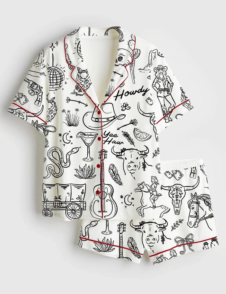 Cowgirl Whimsical Style Hand Drawn Western Bachelorette Party Satin Pajama Set, Bachelorette Cowboy Shirt PJS Gift for Fan, Nightwear Pajama