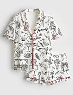Cowgirl Whimsical Style Hand Drawn Western Bachelorette Party Satin Pajama Set, Bachelorette Cowboy Shirt PJS Gift for Fan, Nightwear Pajama