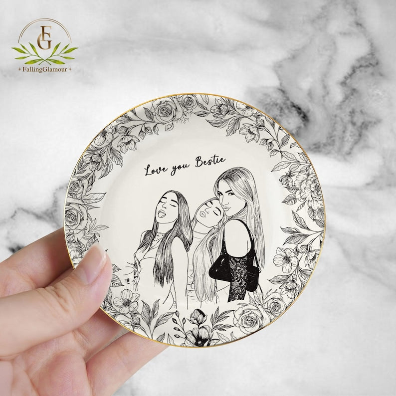 Personalized Bestie Photo Jewelry Dish, Trinket Tray Gift For Bridesmaid,Soul Sister Gift,Birthday Gift for Friends,Ring Dish for Friendship