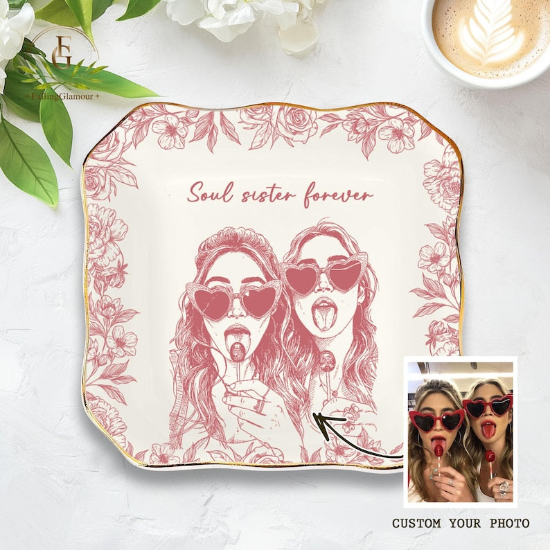 Personalized Bestie Photo Jewelry Dish, Trinket Tray Gift For Bridesmaid,Soul Sister Gift,Birthday Gift for Friends,Ring Dish for Friendship