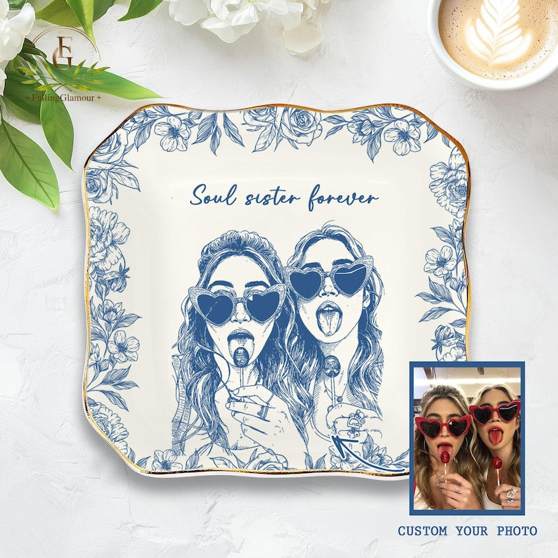 Personalized Bestie Photo Jewelry Dish, Trinket Tray Gift For Bridesmaid,Soul Sister Gift,Birthday Gift for Friends,Ring Dish for Friendship
