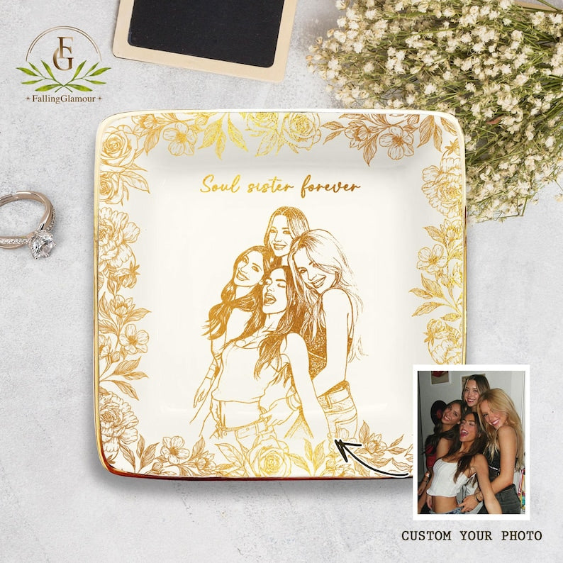 Personalized Bestie Photo Jewelry Dish, Trinket Tray Gift For Bridesmaid,Soul Sister Gift,Birthday Gift for Friends,Ring Dish for Friendship