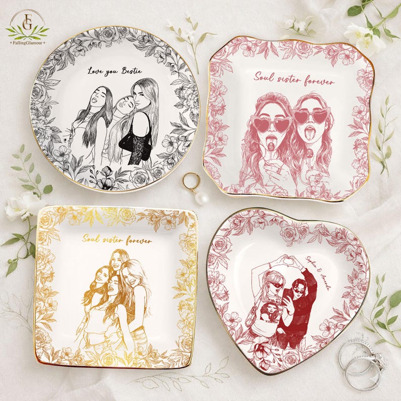 Personalized Bestie Photo Jewelry Dish, Trinket Tray Gift For Bridesmaid,Soul Sister Gift,Birthday Gift for Friends,Ring Dish for Friendship