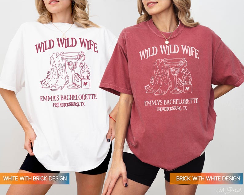 Wild Wild Wife Custom Cowgirl Bachelorette Shirts, Cherry Margarita Bach Merch, Personalized Nashville Texas Austin Bridal Party T-Shirts