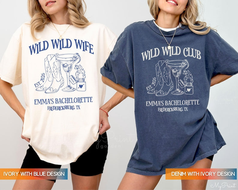 Wild Wild Wife Custom Cowgirl Bachelorette Shirts, Cherry Margarita Bach Merch, Personalized Nashville Texas Austin Bridal Party T-Shirts