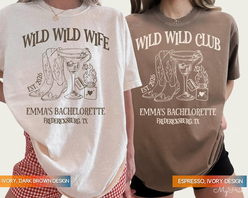 Wild Wild Wife Custom Cowgirl Bachelorette Shirts, Cherry Margarita Bach Merch, Personalized Nashville Texas Austin Bridal Party T-Shirts