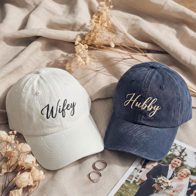 Custom Hubby Wifey Embroidered Washed Baseball Cap, Custom Date Wedding Gift Hat, Bachelorette Party Dad Hat, Engagement Gift, Bride Hat