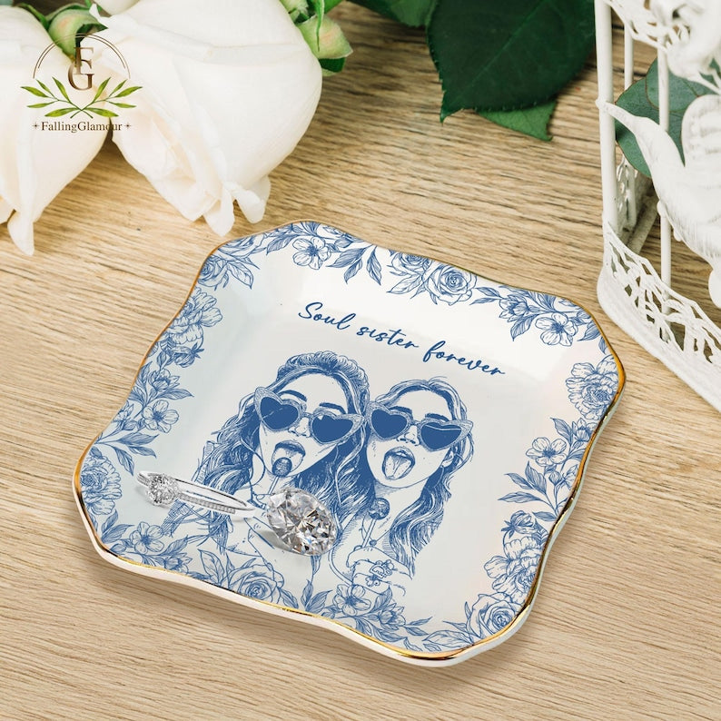 Personalized Bestie Photo Jewelry Dish, Trinket Tray Gift For Bridesmaid,Soul Sister Gift,Birthday Gift for Friends,Ring Dish for Friendship
