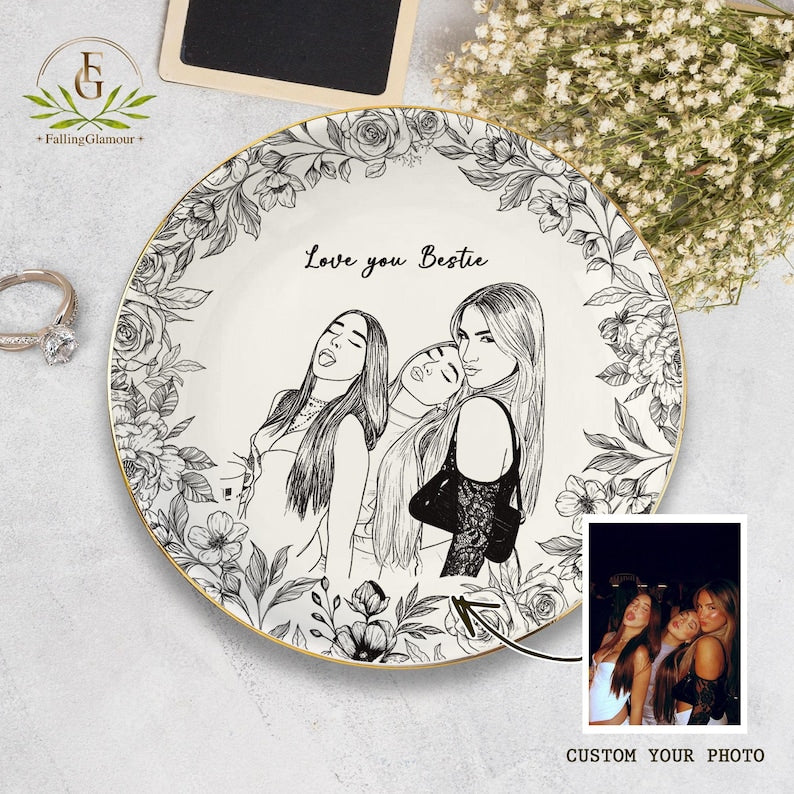 Personalized Bestie Photo Jewelry Dish, Trinket Tray Gift For Bridesmaid,Soul Sister Gift,Birthday Gift for Friends,Ring Dish for Friendship