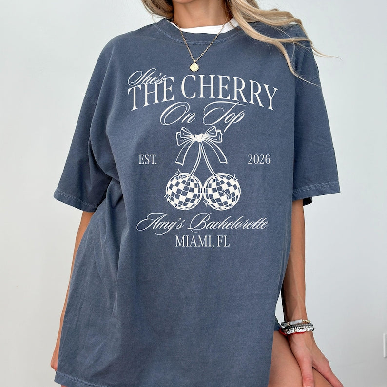 Custom Cherry on Top Bachelorette Shirt, Disco Ball Bride Tee, Retro Coquette Bridal Shower Comfort Colors Shirt