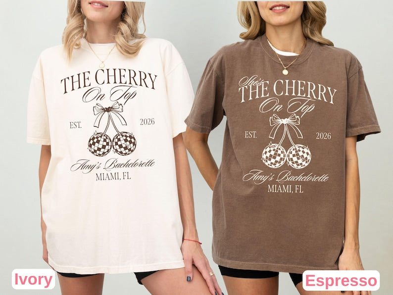 Custom Cherry on Top Bachelorette Shirt, Disco Ball Bride Tee, Retro Coquette Bridal Shower Comfort Colors Shirt