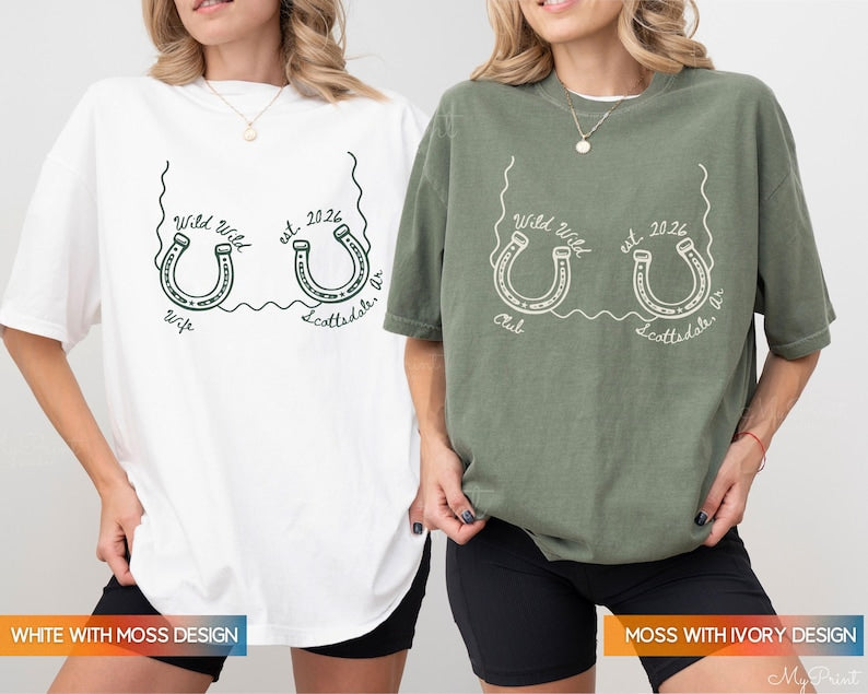Wild Wild Wife Custom Cowgirl Bachelorette Shirts, One Lucky Bride Bach Merch, Personalized Nashville Texas Austin Bridal Party T-Shirts